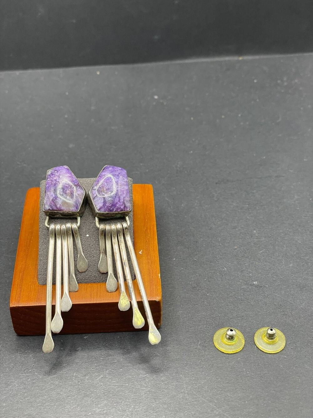 925 Sterling Silver Charoite Dangle Earrings Purple Gemstone Boho Statement